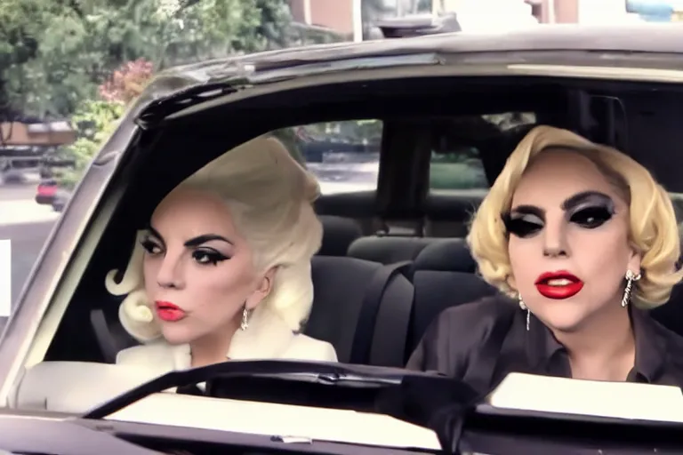 Image similar to lady gaga and judy garland carpool karaoke, highly realistic, highly detailed, high resolution, 8 k 4 k,