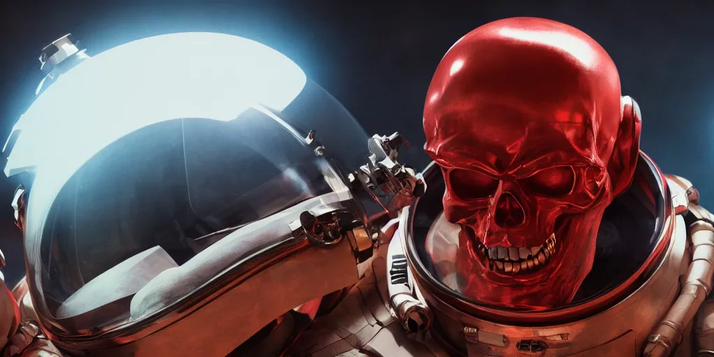 Image similar to ornate red skull in astronaut suit, gold linens, cinematic lighting, dramatic, octane render, long lens, shallow depth of field, bokeh, anamorphic lens flare, 8k, hyper detailed