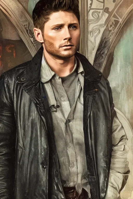 Image similar to a detailed matte portrait of an jensen ackles dressed dean from the gilmore girls, masterpiece, 8 k, art by alphonse mucha and greg rutkowski