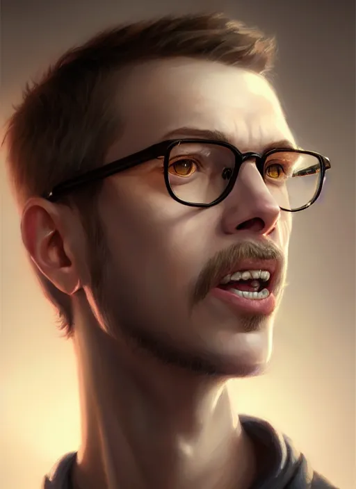 Prompt: a _ fantasy _ style _ portrait _ painting _ of white male short hair glasses stubble light brown hair big mouth, rpg dnd oil _ painting _ unreal _ 5 _ daz. _ rpg _ portrait _ extremely _ detailed _ artgerm _ greg _ rutkowski _ greg