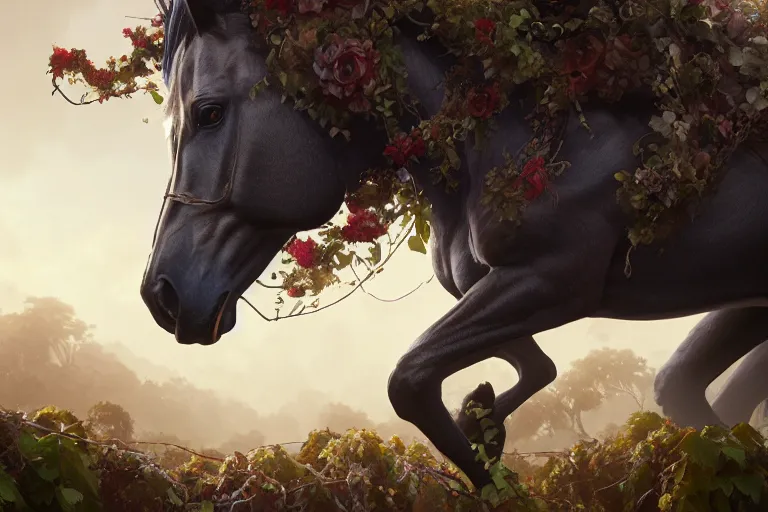 Image similar to a stunning horse with a mane of vines and flowers by greg rutkowski, high key lighting, volumetric light, digital art, highly detailed, fine detail, intricate, ornate, complex, octane render, unreal engine, photorealistic