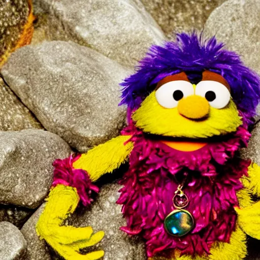 Image similar to an artificer dwarf muppet character with an obsession for gold and gems who loves to sleep on rocky terrain, sesame street, photograph, photography, ultrarealistic, national geographic