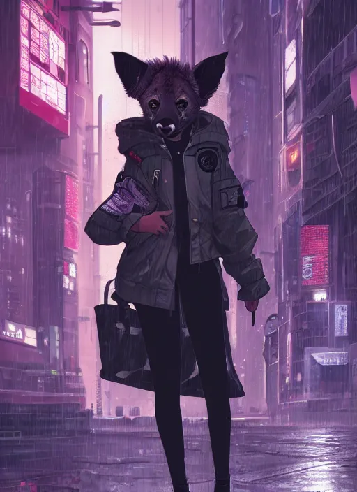 Image similar to character portrait of a female anthro hyena fursona with a cute beautiful attractive furry face and long black curly hair wearing a police bomber jacket in a cyberpunk city at night while it rains. hidari, color page, tankoban, 4K, tone mapping, Akihiko Yoshida.