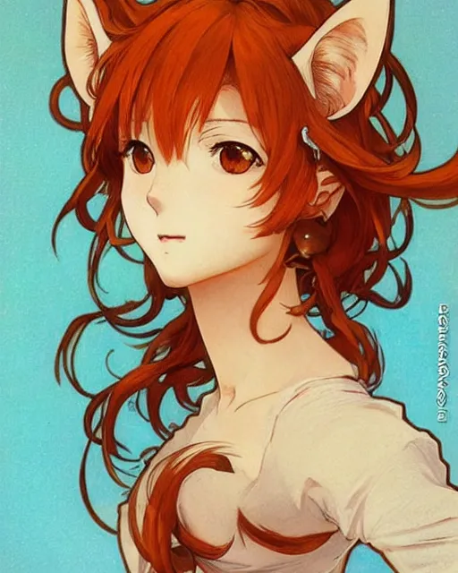 Image similar to A cute frontal portrait of a beautiful anime skinny foxgirl with curly orange colored hair and fox ears on top of her head wearing a white short t-shirt with quake 3 symbolic looking at the viewer, elegant, delicate, soft lines, higly detailed, smooth , pixiv art, ArtStation, artgem, art by alphonse mucha charles reid and Gil Elvgren, high quality, digital illustration, concept art