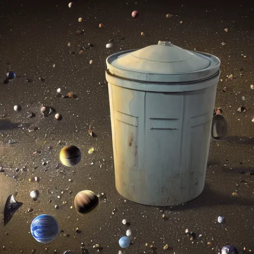 Image similar to an old dirty trashcan full of discarded planets and stars hyperrealistic detailed beautiful intricate 3 d render