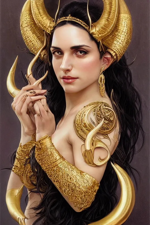 Prompt: fullbody!! of a beautiful woman with long black hair, big natural ram horns on her head, flowing dress, gold jewellery, dnd, face, fantasy, intricate, elegant, highly detailed, digital painting, artstation, concept art, smooth, sharp focus, illustration, art by artgerm and greg rutkowski and alphonse mucha