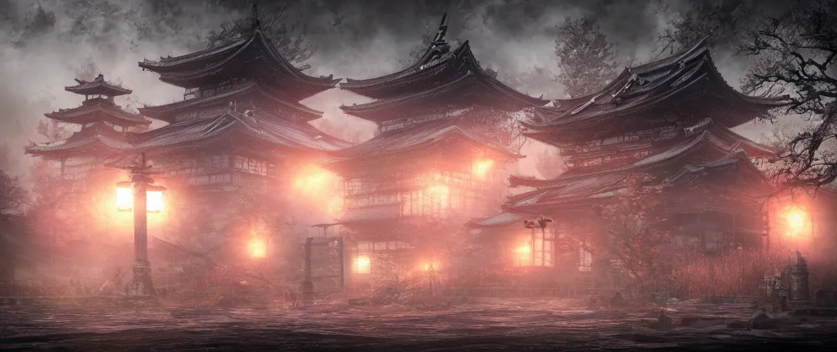 Image similar to gothic Japanese Shinto temple, concept art, digital painting, matte painting, in the style of sekiro, Bloodborne, dark souls, demon souls, dark, night time, volumetric lighting, large scale, high detail, trending on art station, view from afar