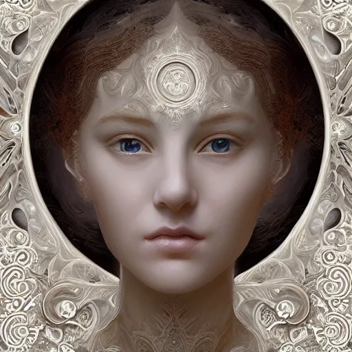 Image similar to opalescent marble portrait, up close, shallow depth of field, warm, masterpiece, ivory carving, fractal paisley inlay, lace, intricate, elegant, highly detailed, artgerm, matte painting, trending on artstation, lace, by ruan jia and greg rutkowski