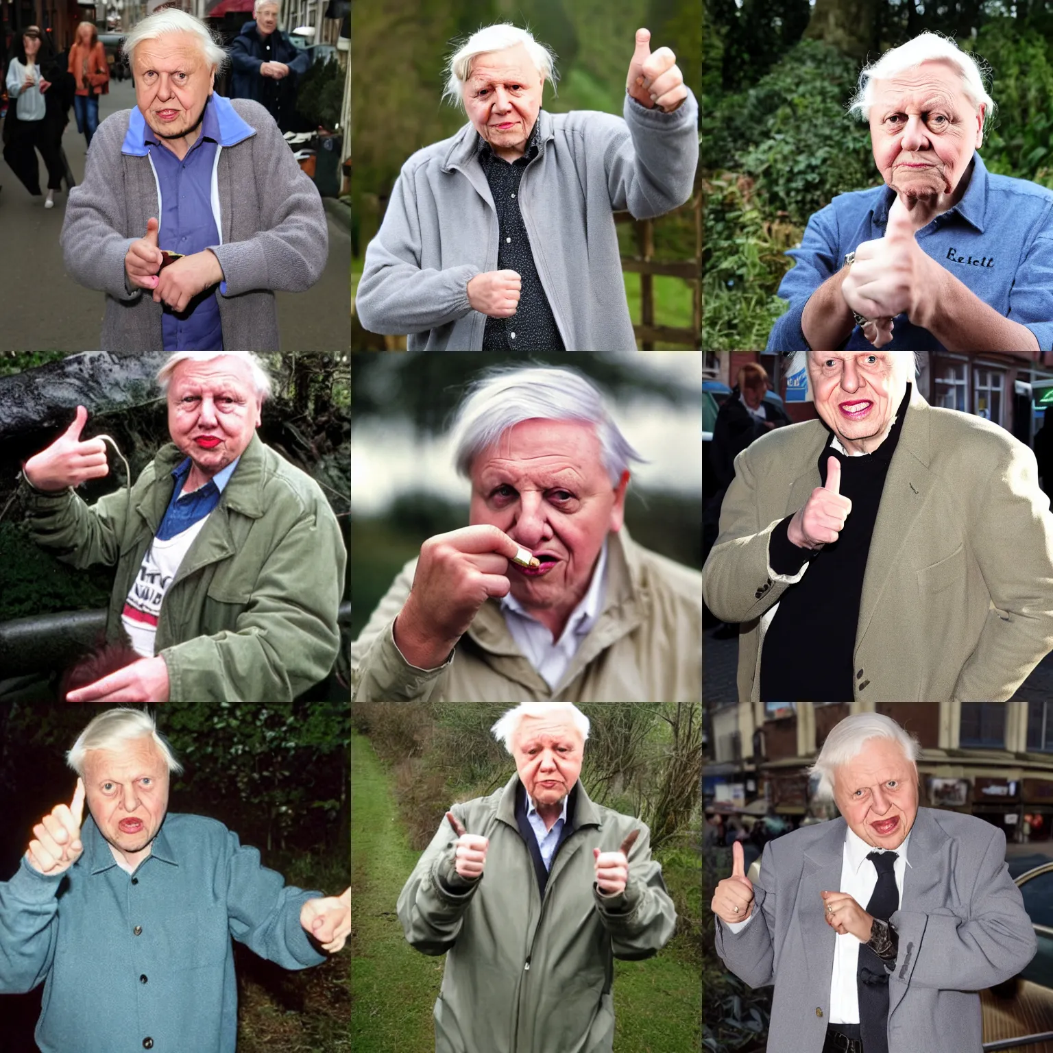 Prompt: david attenborough dressed as a chav giving the middle finger