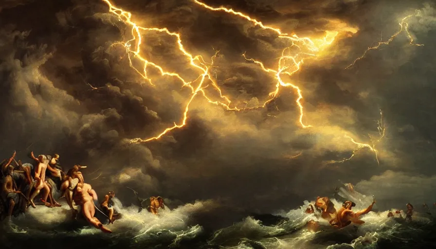 Prompt: baroque painting of zeus throwing lightning bolts on poseidon, hyperdetailed, artstation, cgsociety, 8 k