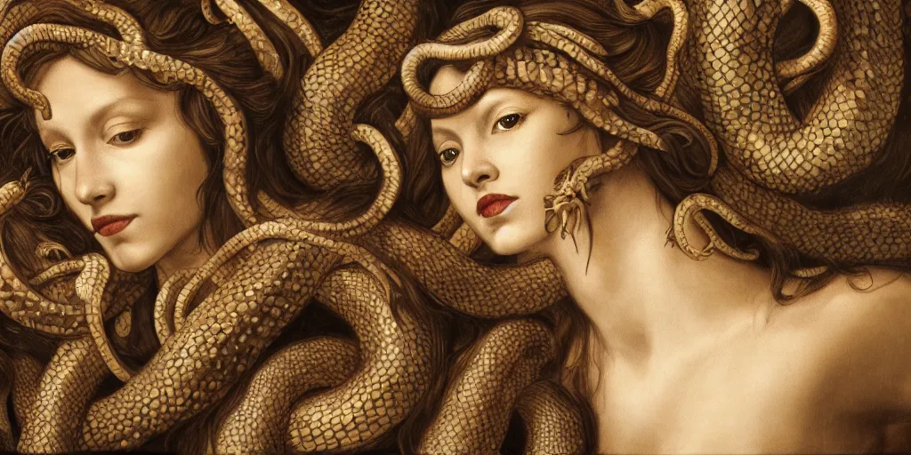 Prompt: realistic portrait of beautiful medusa with her snakes, golden, delicate, hyper realism, 1 4 5 0, ink, ultra realistic, 8 k