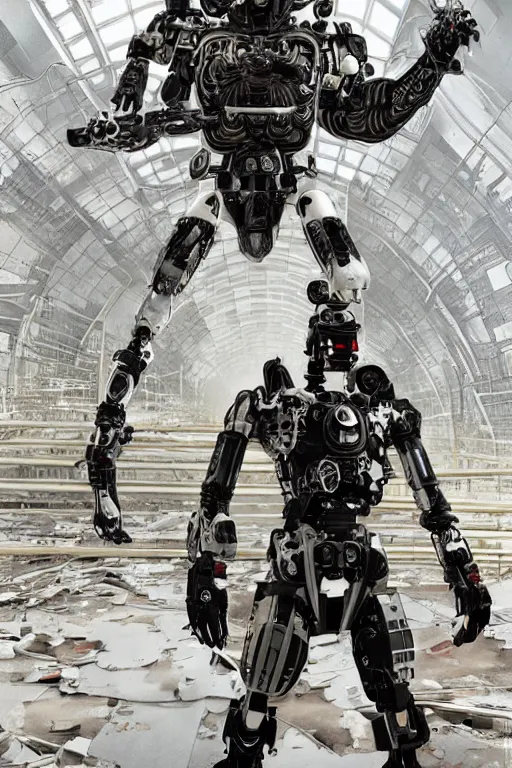 Image similar to cyborg with white and black ancestral ornate japanese tactical gear standing in an abandoned futuristic factory, long shot, by irving penn and storm thorgerson, ren heng, peter elson, alvar aalto, makoto shinkai