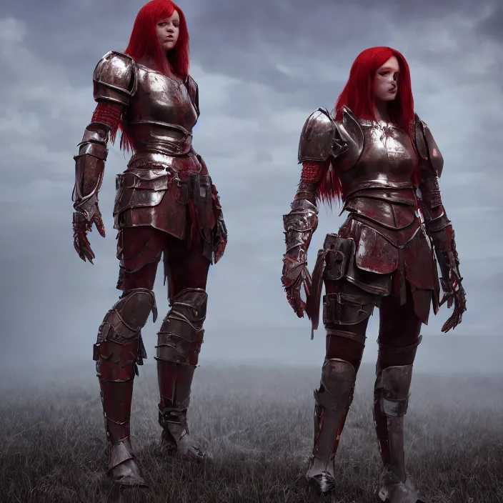 Image similar to a girl with a long red hair wearing a full-body red plate armor standing in a battlefield, anatomically correct, hyperrealistic, concept art, octane render, unreal engine 5, 8K HDR, highly detailed, high quality, fantasy armor