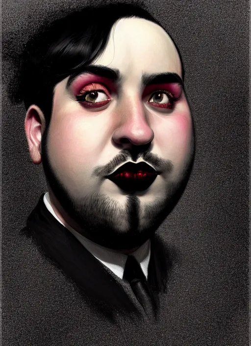 Image similar to portrait of a plump man with a crooked nose and a confident expression, 1 9 6 0 s, black clothes, goth, punk, brightly coloured hair, funk, intricate, elegant, highly detailed, digital painting, artstation, concept art, smooth, sharp focus, illustration, art by wlop, mars ravelo and greg rutkowski