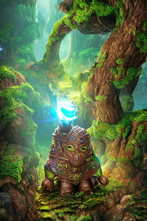 Image similar to zelda fantasy art giant golem elemental wood rock greeble gemstone enchanted forest troll, global illumination ray tracing hdr fanart arstation by sung choi and eric pfeiffer and gabriel garza and casper konefal bastion forged hardmesh lisa frank zbrush central radiating a glowing aura global illumination ray tracing hdr volume light