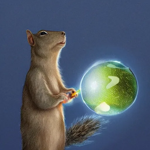 Image similar to A squirrel holding a glowing sphere in one paw and a sword in the other, fantasy illustration