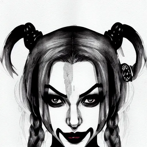 Image similar to harley quinn headshot portrait drawn in black and white watercolor, manga panel style, wlop, trending on artstation