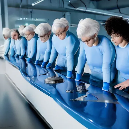 Image similar to group of athletic humans with light blue neoprene suits and white hair standing in tight formation on a conveyor belt, futuristic laboratory, sci - fi, highly detailed, hyperrealistic