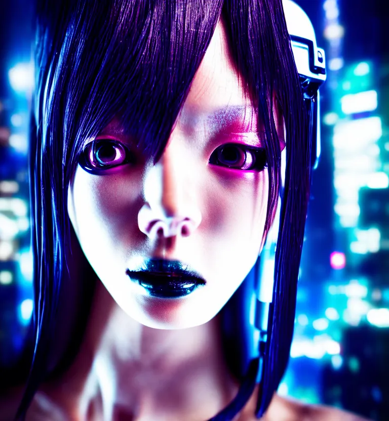 Prompt: a photo close up a cyberpunk female supermodel, shibuya prefecture, midnight, photorealistic, cinematic color, studio lighting, highly detailed, bokeh, style by tomino - sama