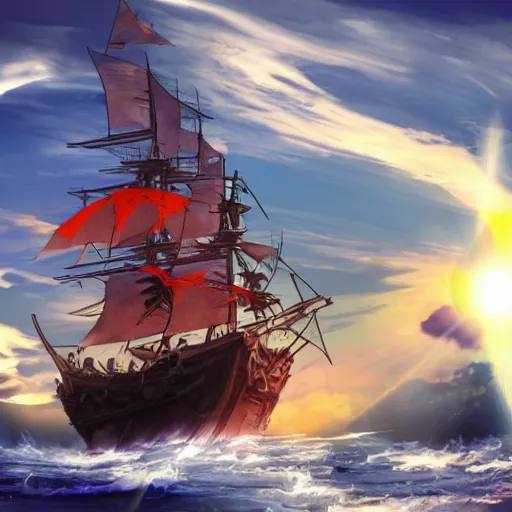 Image similar to a fantasy ship of pirates with a sun as the bow, anime style