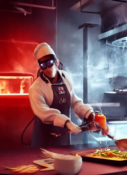 Prompt: cyberpunk chef frying up fish in a futuristic kitchen, neon lights, smoke and fire, extremely detailed and hyper realistic, octane render