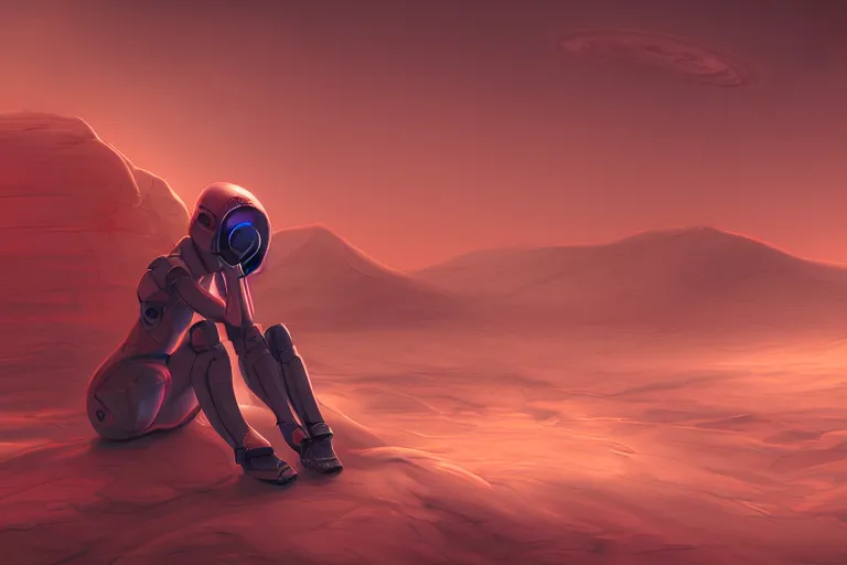 Image similar to a beautiful girl robot sitting on mars relaxing, red lighting, mist, digital art,