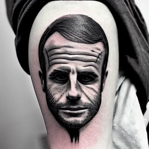 Prompt: a tattoo of macron crying like a little girl