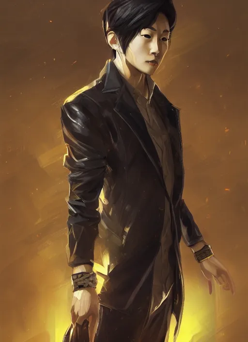 Image similar to a highly detailed illustration of young attractive japanese guy wearing black detective coat, yellow eyes, dramatic standing pose, hyperdetailed perfect face, intricate, elegant, highly detailed, centered, digital painting, artstation, concept art, smooth, sharp focus, league of legends concept art, wlop.