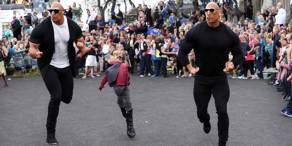 Prompt: the rock, mean face, stepping on children