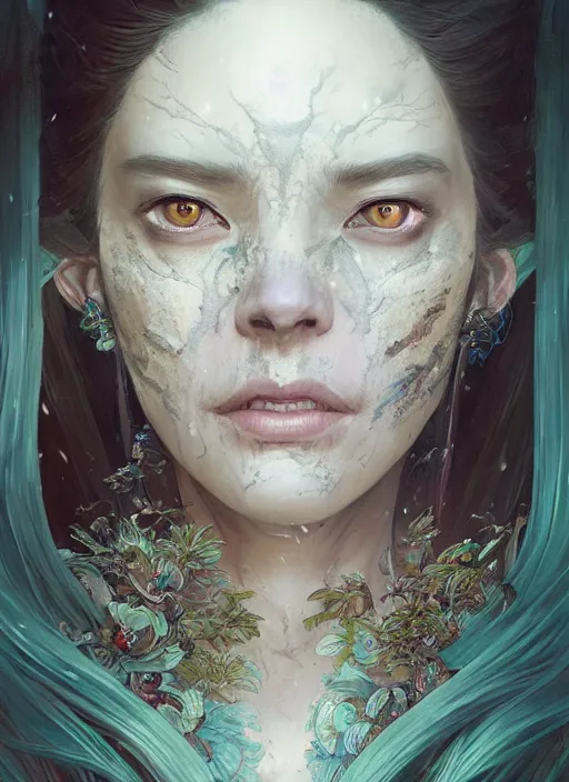 Image similar to highly detailed face portrait of majestic undead queen, stephen bliss, unreal engine, wuxia art by greg rutkowski, loish, rhads, ferdinand knab, makoto shinkai and lois van baarle, ilya kuvshinov, rossdraws, tom bagshaw, alphonse mucha, global illumination, radiant light, detailed and intricate environment