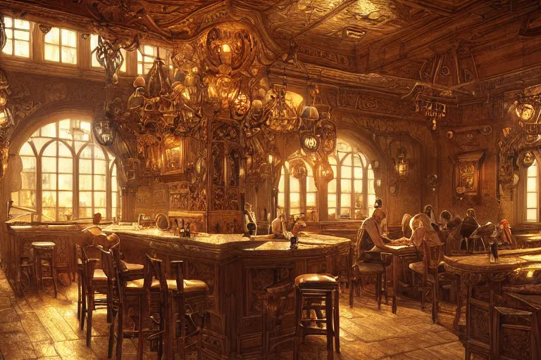 Prompt: ultra realistic illustration, baroque tavern interior from diablo and baldurs gate, intricate, elegant, highly detailed, digital painting, artstation, concept art, smooth, sharp focus, illustration, art by artgerm and greg rutkowski and alphonse mucha