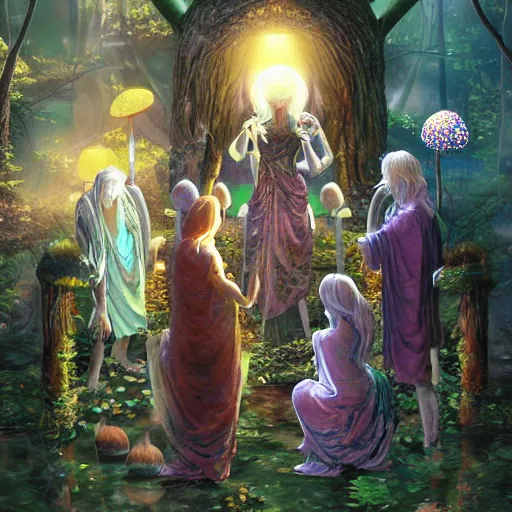 Prompt: mushroom goddess with group of elders, discussing the new season of friends, cynical realism, hiroya oku painterly, yoshitaka amano, chris cunningham, moebius, beautiful lighting, tendrils, in the style of, wlop, scientific diagram