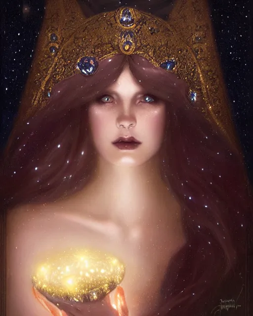 Image similar to Nocturne, glowing, stars, a portrait of a beautiful female shadow djinn with jeweled collar, long hair, glowing eyes, highly detailed, mysterious, ethereal, dressed in velvet and gold jewelry, haute couture, illustration, dramatic lighting, painting, by Edmund Blair Leighton, Brom, Charlie Bowater, trending on artstation, faces by Tom Bagshaw, otto schmidt