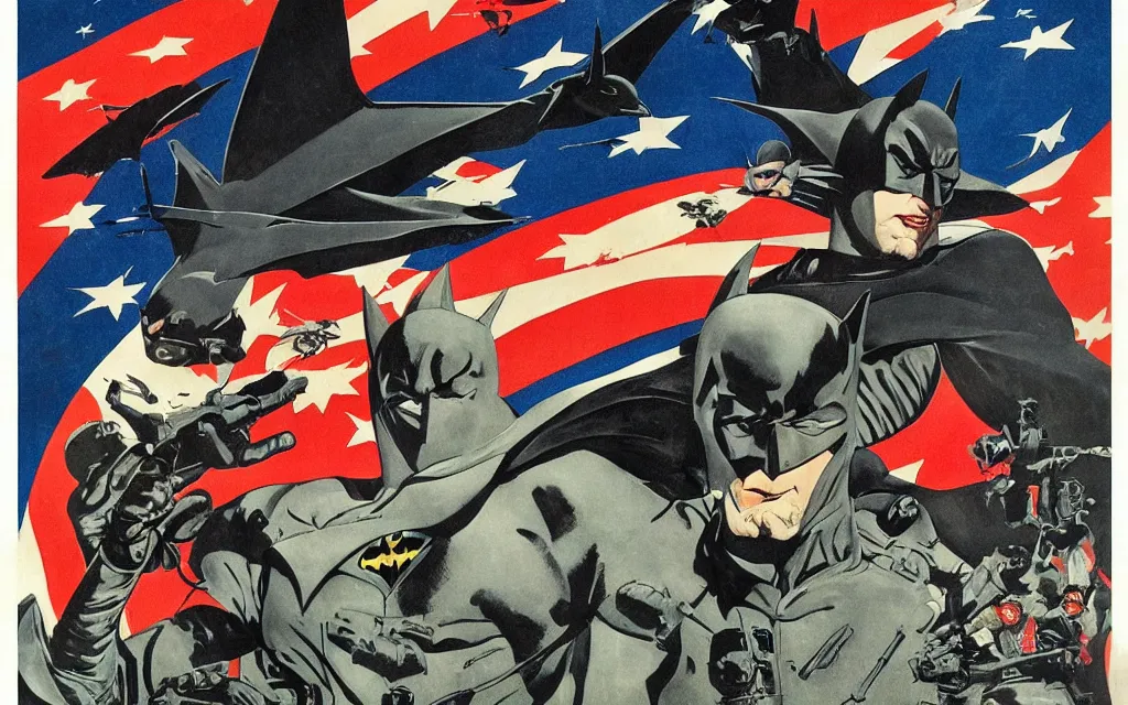 Image similar to batman's airplane, in the style of norman rockwell, cold war, propaganda poster, sci - fi illustrations, highly detailed, award - winning, patriotic, soviet, ussr, dark, gritty, ink