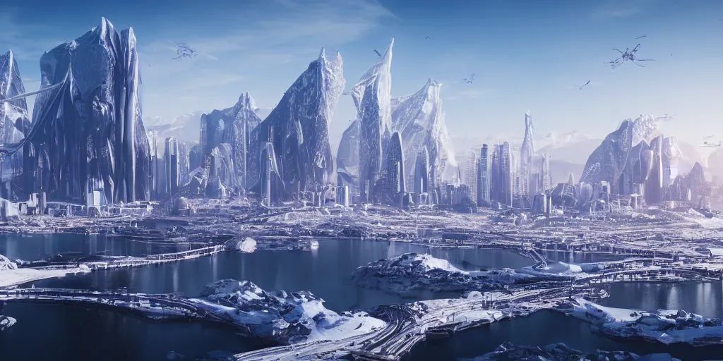 Prompt: A coastal city near some snow-capped mountains, sci-fi, 8k photorealistic, close-up photo, futuristic architecture