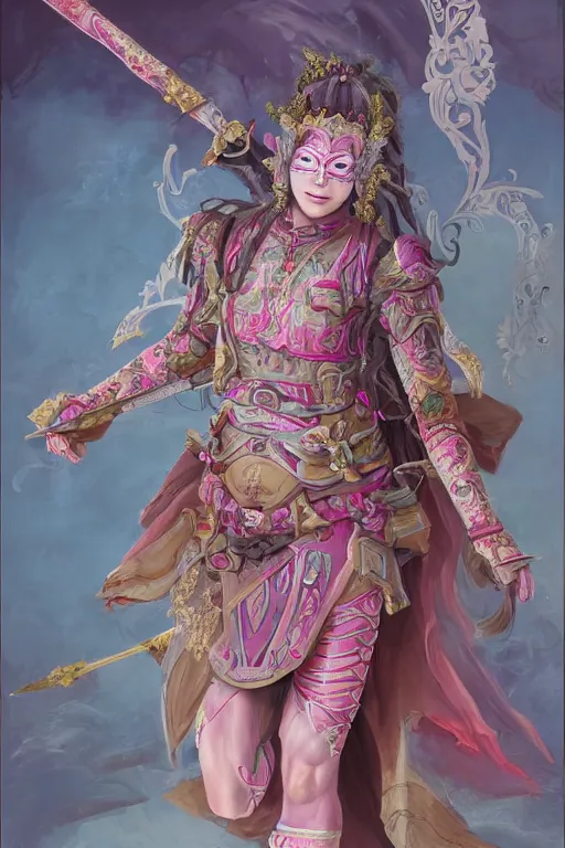 Prompt: full - bodied portrait, female changeling in rose - patterned eastern light armor, wielding a decorated halberd, barefoot in sandals, wearing noh theatre mask, mischievous, seductive, realistic proportions, reasonable fantasy, colorful and detailed, ghostblade, wlop.