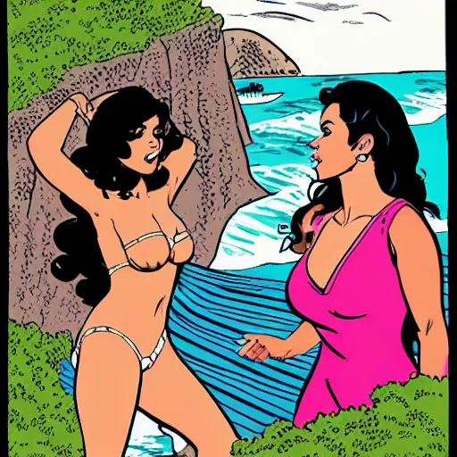 Image similar to attractive hispanic women talking by a cliff side, drawn by jaime hernandez, gilberto hernandez