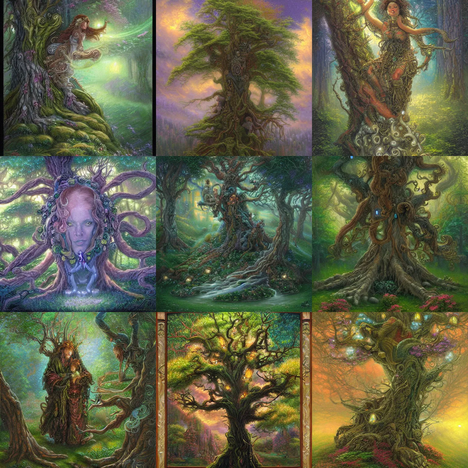 Prompt: tree spirit fantasy art, in style of thomas kinkade and Donato Giancola,