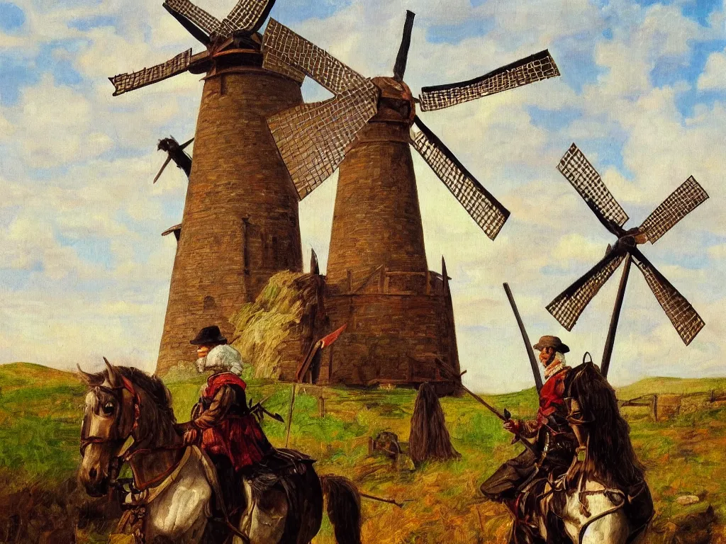 Prompt: portrait of a don quixote, windmill! on a background, realism, oil painting, highly detailed, pre - raphaelite style