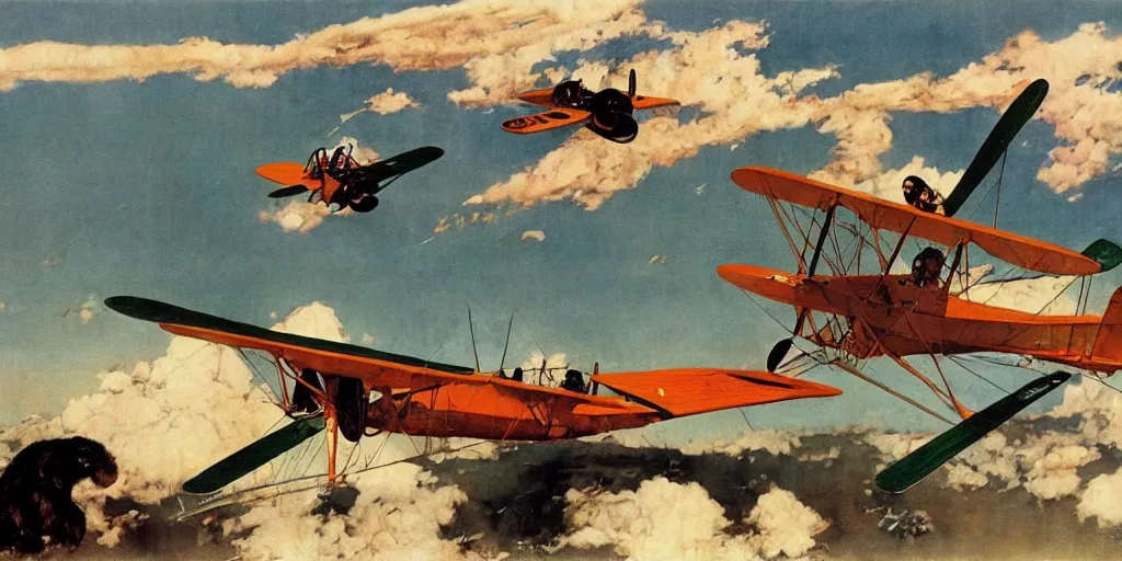 Image similar to a gerbil flying a biplane, norman rockwell