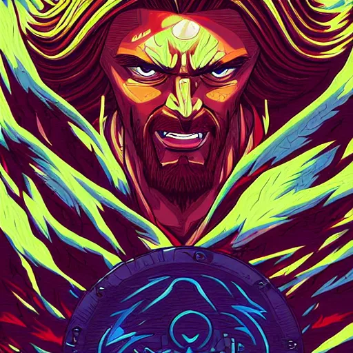 Image similar to Jesus as a super Saiyan. art by Dan Mumford and Peter Mohrbacher, painting, highly detailed, trending on ArtStationHQ