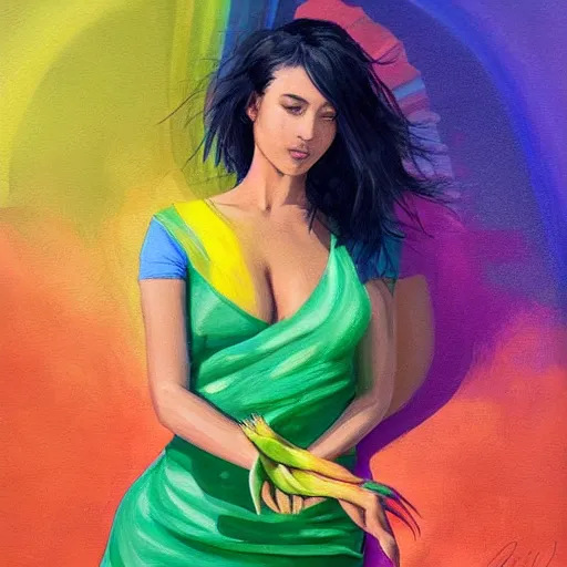 Image similar to painting by Artgerm of a beautiful woman with shoulder length rainbow hair in a coral dress putting colorful South African bitter aloe succulents into rainbow pots at a round table