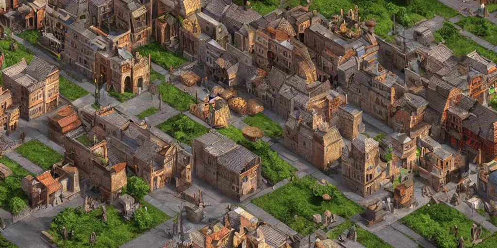 Image similar to isometric 3 d rendering of medieval town, octane render, trending on artstation, cgsociety