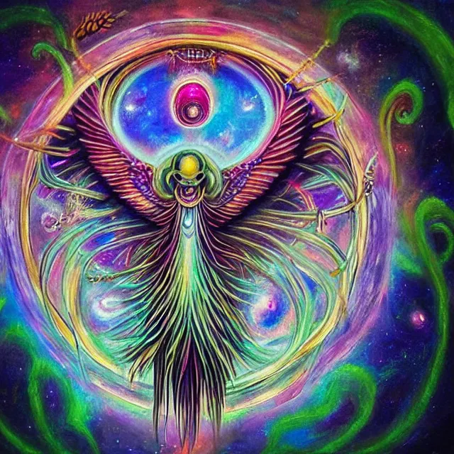 Prompt: angelic ophanim ophanim ophanim Lovecraftian celestial covered in eyes feathers and wings, oil painting award winning, chromatic aberration sharp psychedelic colors, symmetrical geometry sublime angel be not afraid