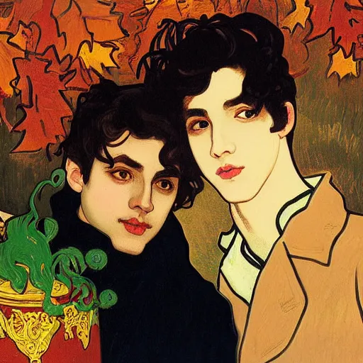 Image similar to painting of young cute handsome beautiful dark medium wavy hair man in his 2 0 s named shadow taehyung and cute handsome beautiful min - jun together at the halloween party, bubbling cauldron, candles, smoke, tarot, autumn colors, elegant, stylized, soft facial features, delicate facial features, art by alphonse mucha, vincent van gogh, egon schiele