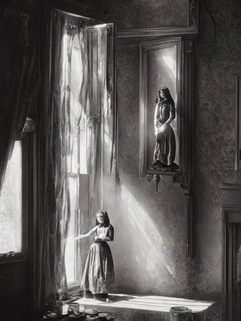 Prompt: old photography of a beautiful automaton girl in a victorian room, small windows, antiquities, ray of light, man ray, alfred ghisoland, gregory crewdson, 4 k,