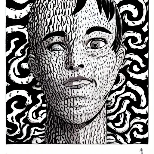 Image similar to a lush vine covered portrait by junji ito