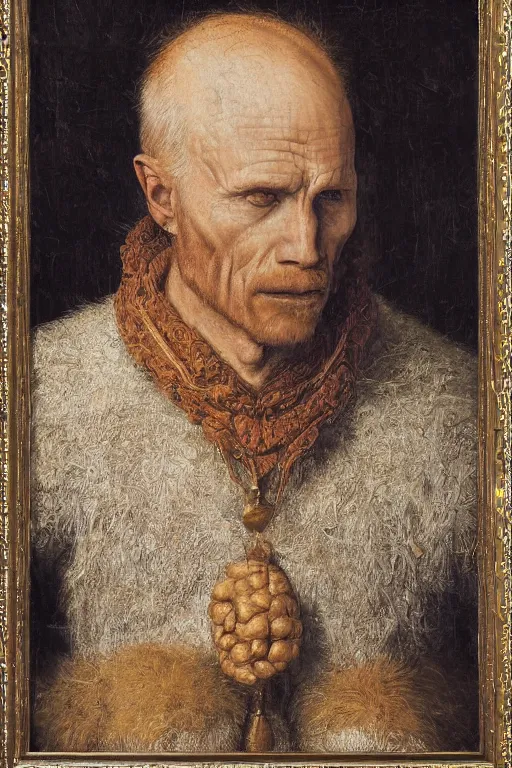 Image similar to portrait of ed harris, oil painting by jan van eyck, northern renaissance art, oil on canvas, wet - on - wet technique, realistic, expressive emotions, intricate textures, illusionistic detail