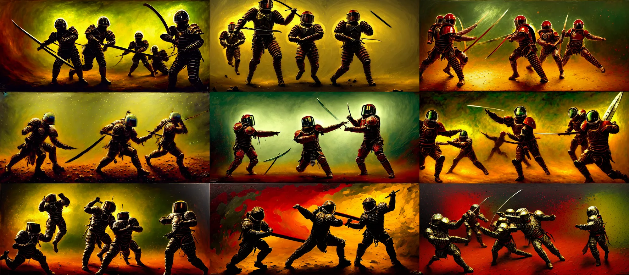 Prompt: combat scene, legionary - astronauts, swords, fractal armor, girih, bargello, luminist, tonalism, dramatic lighting, action scene, palette knife, frenetic, chiaroscuro, figurative art, detailed, proportions, spatter, dust, atmospheric, volumetric lighting, venetian red, raw sienna, sage green