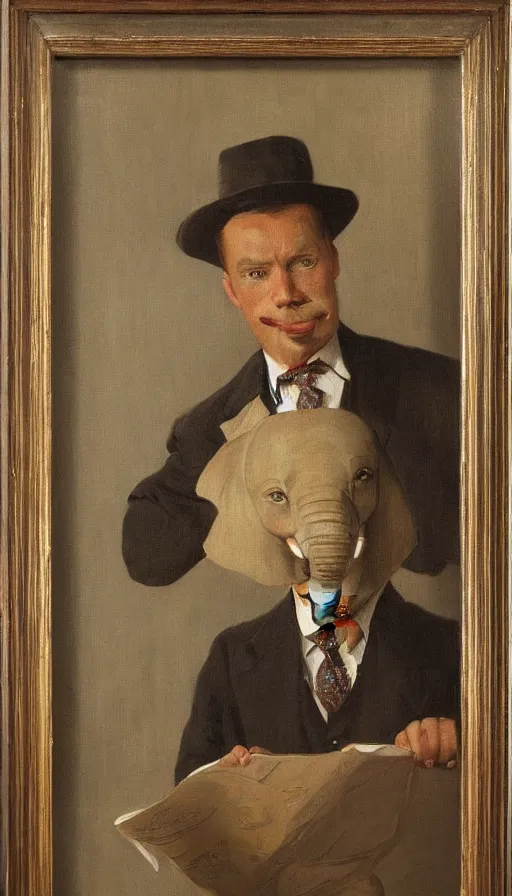 Image similar to painting of a capitalist elephant wearing a suit and tie, by peder krøyer, dramatic lighting, golden hour, adorable, intricate detail, canvas print